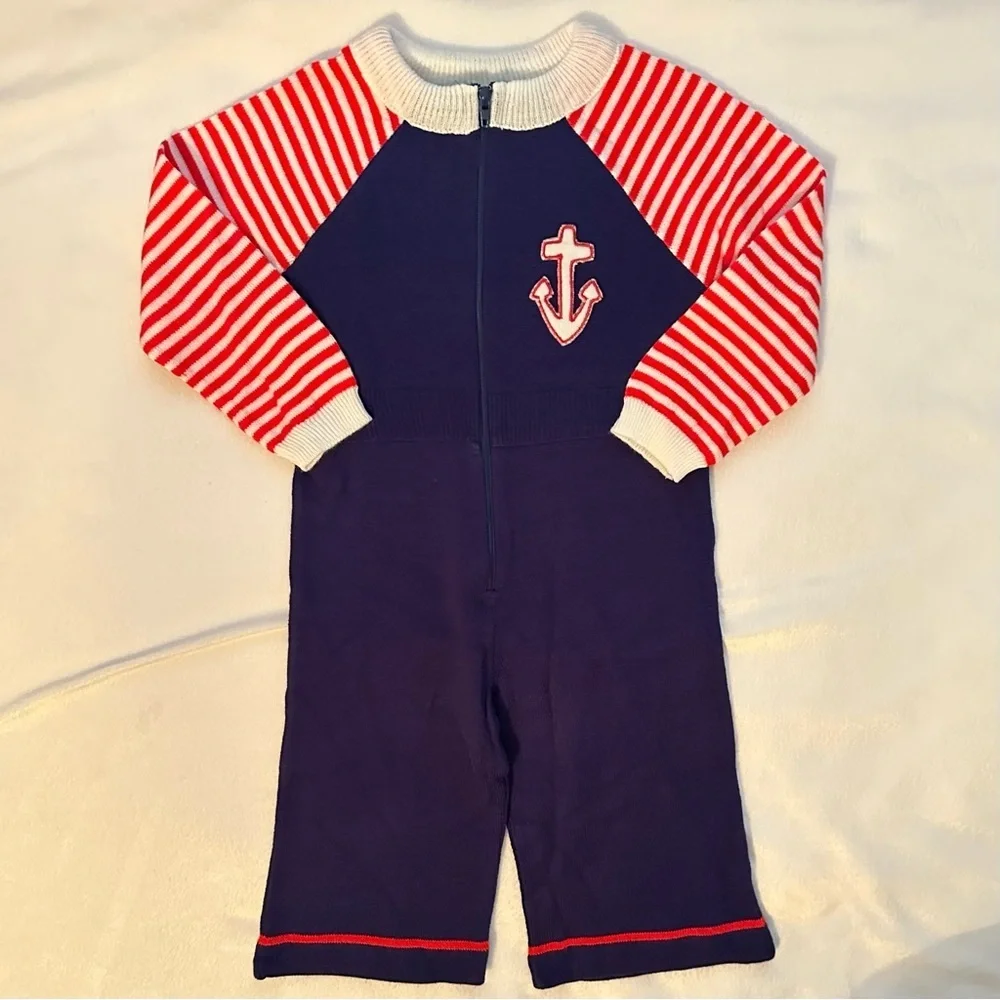 Vintage Tiny Tots Nautical Knit Jumpsuit 1pc Baby Boy 12M Anchor Red White Blue